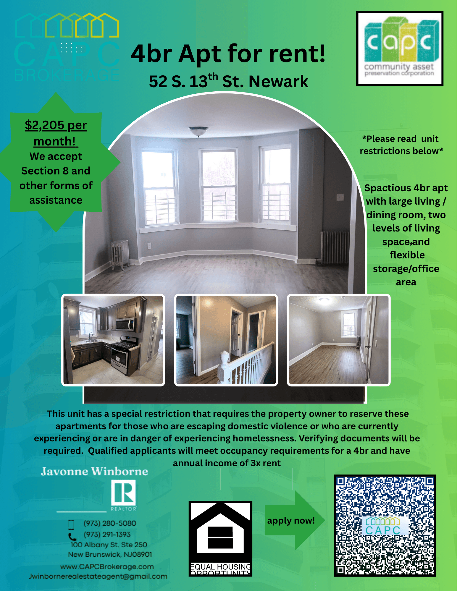 A flyer advertises a 4-bedroom apartment for rent at 52 S. 13th St. in Newark for $2,205 per month.